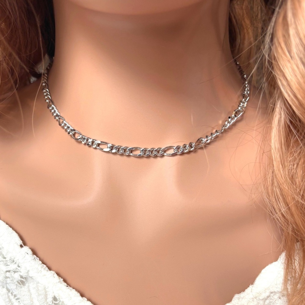Dainty Figaro Chain Necklace Silver Tone 22KGL Plated 16" Cyber Y2K Edgy 21888